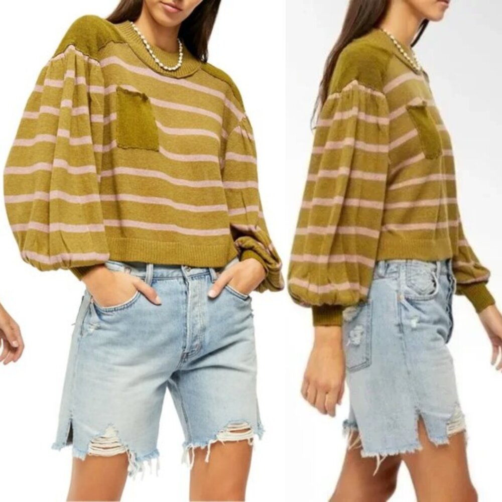 Free People Linen Blend Between The Lines Balloon Sleeve Sweater